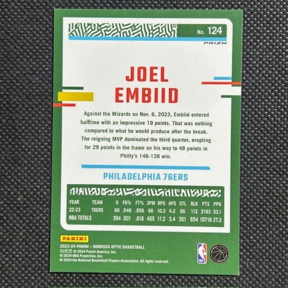 2023-24 Donruss Optic #124 Joel Embiid Purple Prizm Philadelphia 76ers - Picture 2 of 2